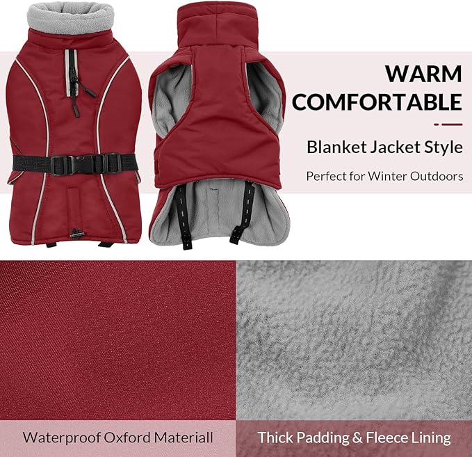 Queenmore XXL Dog Coat, Winter Jacket for Large Dogs, Waterproof Puffy Snowsuit, Adjustable Reflective Fleece Lining Warm Padding Parka for Cold Weather, Red 3XL