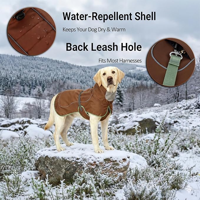 Softshell Dog Winter Vest, Fleece Lined Water-Repellent Jacket for Hiking & Running, Adjustable Windproof Winter Coat with Anti-Slip Leg Straps for Active Dogs (Brown, Large)