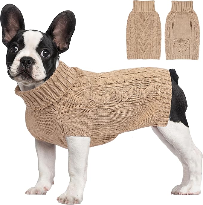 Dog Sweaters for Small Dogs Warm Dog Clothes Winter Chihuahua Clothes Girl Boy Puppy Sweater Knitted Doggy Coat Soft Mini Dachshund Sweater with Turtleneck Pullover Design (Khaki, Large)