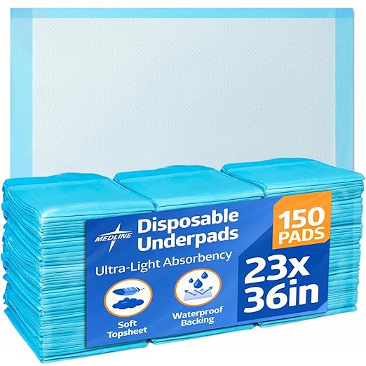 Medline Disposable Chucks Pads, 23 x 36 inches (Pack of 150), Ultra-Light Absorbency Pee Pads for Surface Protection, Disposable Diaper Changing Pads for Baby, Puppy Pads for Dog Potty Training