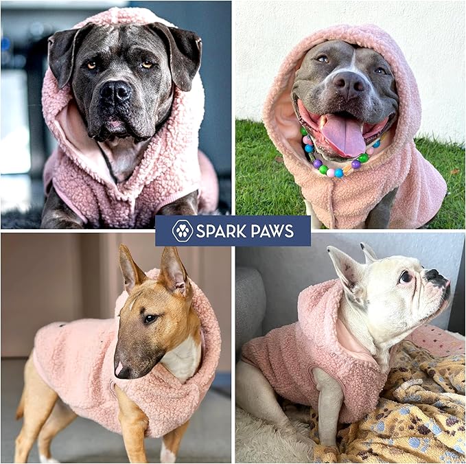 Spark Paws Fleece Dog Jacket, Hooded Sweater Vest, Warm Coat for Winter - Suitable for Small Medium Large XL XXL Breeds - Pink - S