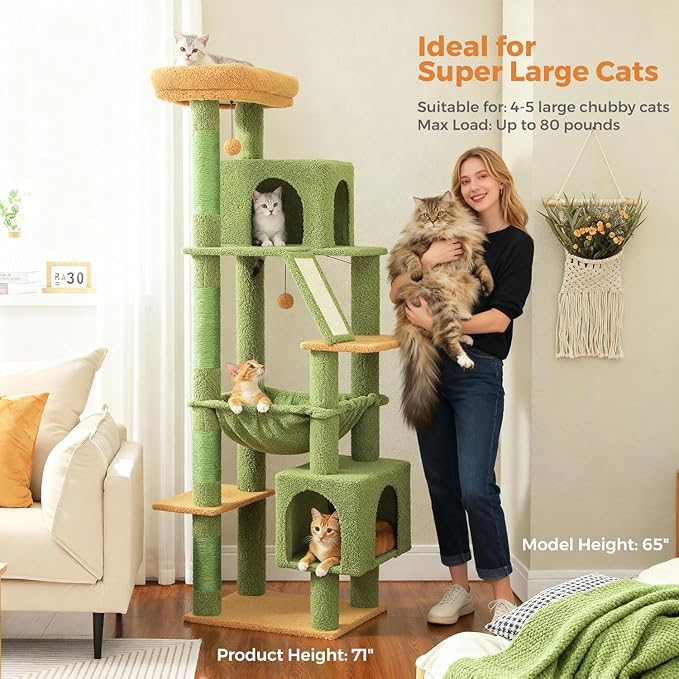 MUTTROS Cactus Tall Cat Tree 71" for Large Cat 20 lbs with Super Large Hammock, Heavy Duty Cat Tower with 4 Sisal Scratching Posts & 2 Spacious Condos for Big Adult Cats Maine Coon-Green