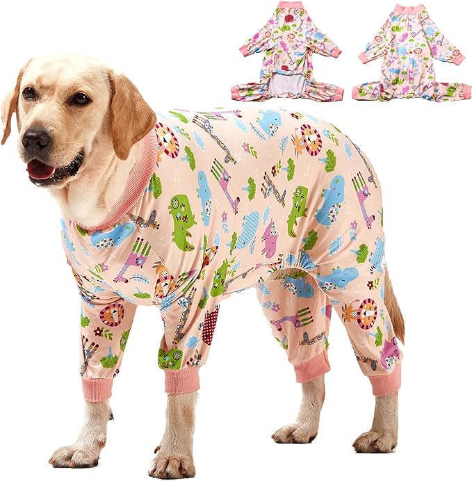 LovinPet Large Dog Clothes: Pajamas for Large Dogs, Slim Fit/Lightweight Pullover Dog PJ's, Full Coverage/Animals Allover Pink Print/Pet Pajamas /3XL