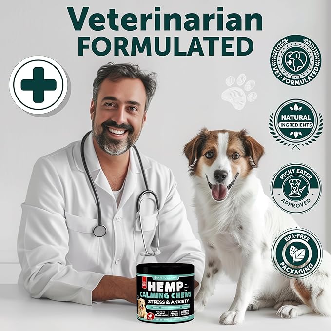 Hemp Calming Chews for Dogs - Dog Calming Chews - Dog Anxiety Relief Treats with Hemp Oil, Turmeric, Valerian, Ginger - Health and Wellness Supplements for Dogs - Hip and Joint Support - 120 Treats