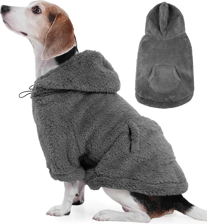 IDOMIK Fuzzy Dog Sweater with Adjustable Hood, Warm Fleece Dog Sweater Hoodie with Harness Hole & Pocket, Pullover Sweaters for Medium Dogs, Fuzzy Hooded Sweatshirt for Fall Winter Christmas,Grey,L