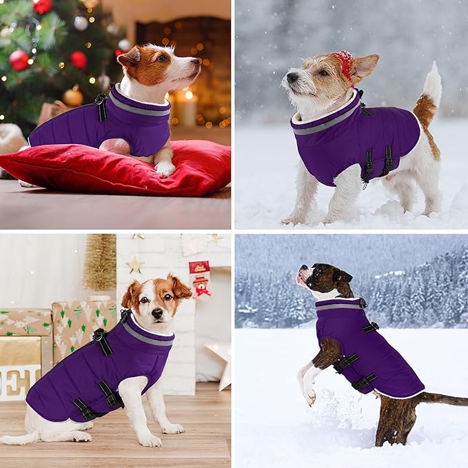 Dogcheer Dog Coat with Harness, Waterproof Dog Jacket Adjustable Pet Winter Coat with Zipper, Christmas Puppy Snow Jacket Fleece Sweater for Small Medium Large Dogs - Purple 2XL
