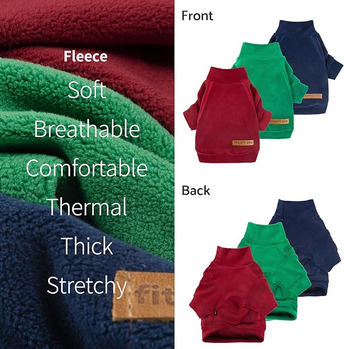 Fitwarm 3 Pack Classic Fleece Dog Sweater, Christmas Dog Winter Clothes for Small Dogs Boy Girl, Holiday Pet Apparel, Burgundy Red, Green, Navy Blue, XS