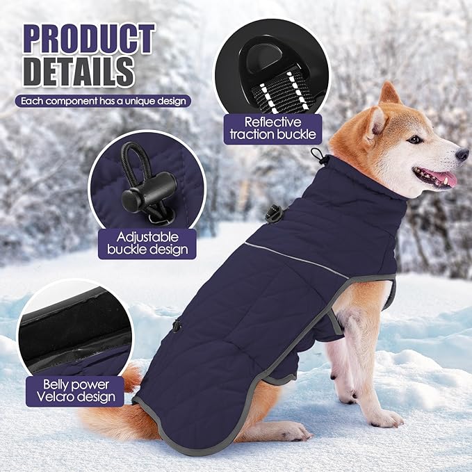 Dog Winter Coat,Waterproof Dog Pullover Jumpsuit,Windproof Jacket for Small Medium Large Dog.High Collar Adjustable Dog Snow Vest(Large,Blue