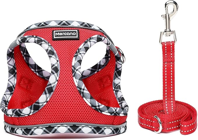 Mercano Soft Mesh Dog Harness and Leash Set, No-Chock Step-in Reflective Breathable Lightweight Easy Walk Vest Harnesses with Safety Buckle for Small Dogs, Cats (Red, S)