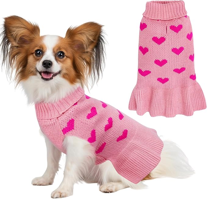 Dog Sweater Dress Heart Pink Turtleneck Knit Dress for Small Dogs 9-15 lbs Valentine Winter Pullover with Leash Hole for Wedding Mothers Day Valentine's Day