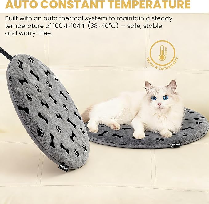 PetTemp Pet Heating Pad for Cats Dogs Indoor & Sheltered Outdoor Waterproof Heated Cat Bed Heated Dog Bed Chew Resistant Cord Constant Temperature Gray Paw Print Round 16 Inch