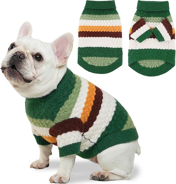 Dog Sweater, Classic Turtleneck Knitted Striped Dog Sweaters, Warm Sweater for Winter, Soft Christmas Sweaters for Boy Girl, Dogs Clothes for Small/Medium Cats, Doggys (Green, Small)