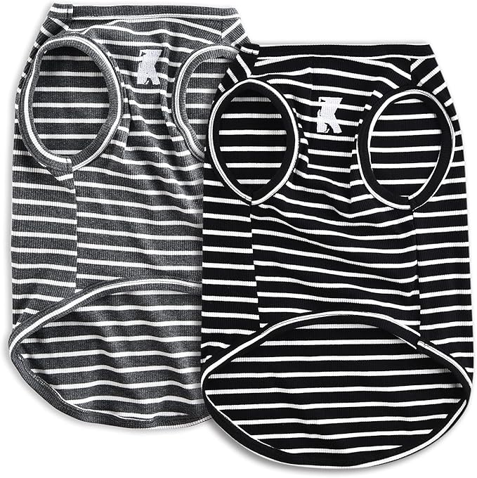 Koneseve Dog Shirt Vest Lightweight Stretchy Dog T-Shirts Soft Cool Sleeveless Stripe Vests Breathable Clothes for Puppy Kitty Cats Small Medium Large Dogs 2 Pack Black + Grey [ L/Large ]