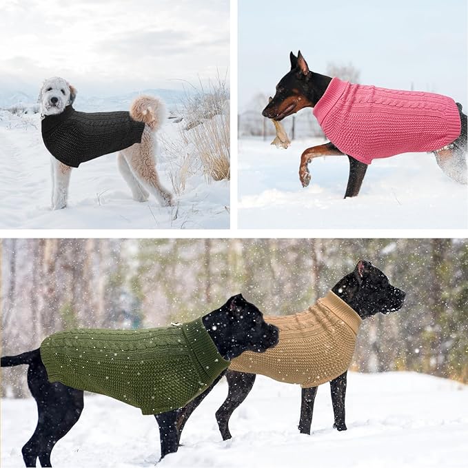 Large Dog Sweater, Classic Cable Knit Warm Dog Sweatshirt with Reflective Yarn for Girl Boy, Halloween Fall Winter Coat Turtleneck Pullover Clothes Apparel for Small Medium Large Dogs, Green L