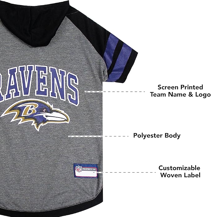 NFL BALTIMORE RAVENS HOODIE for DOGS & CATS. | NFL FOOTBALL licensed DOG HOODY Tee Shirt, Large| Sports HOODY T-Shirt for Pets | Licensed Sporty Dog Shirt.