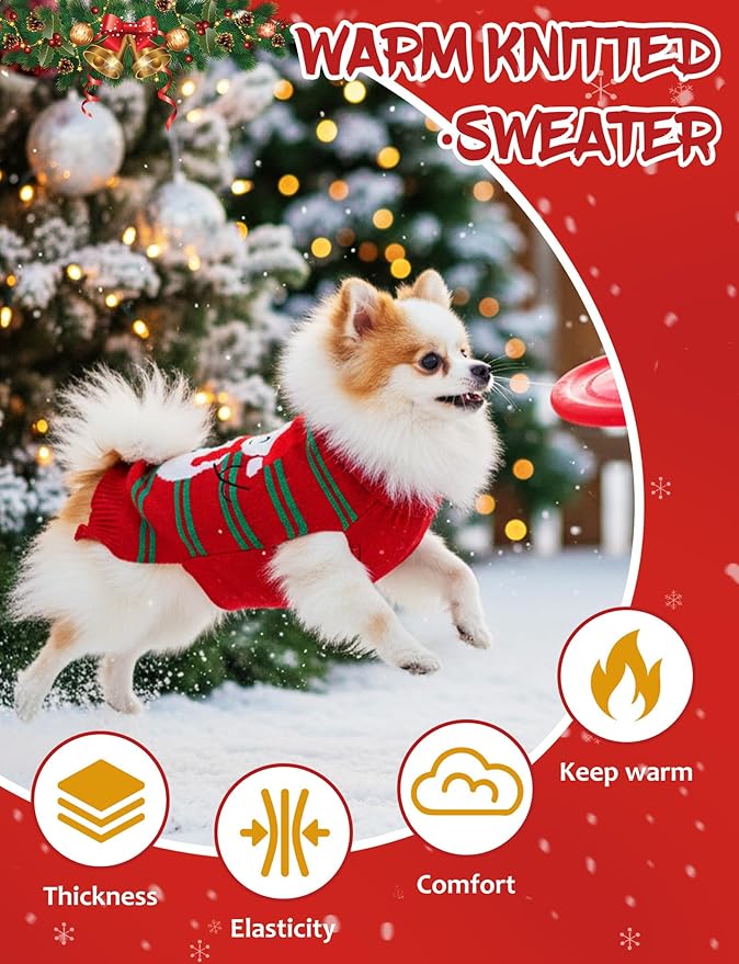 2PCS Dog Christmas Sweater, Soft Warm Pet Clothes Coat for Small Medium Large Dogs and Cats Boy Girl, Fall Cozy Holiday Turtleneck Knitting Collar Pullover Pup Outfit Costume for Thanksgiving New Year