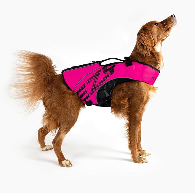 EzyDog DFD X2 Dog Life Jacket - Adjustable Swimming Safety Life Vest Preserver with Continuous Neck Flotation, Reflective Trim, & Grab Handle (XS, Pink)