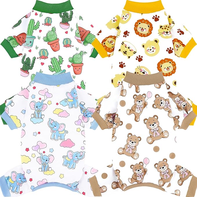 XPUDAC 4 Pieces Dog Pajamas Soft Strechy Puppy Onesies Pet Clothes for Small Medium Dogs Boy Girl Cat Pet Outfit, S