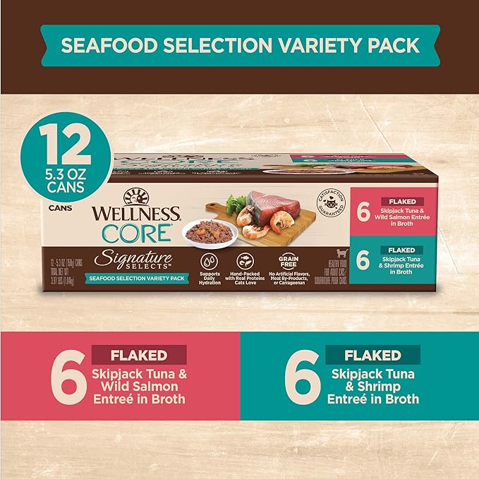Wellness CORE Signature Selects Flaked Adult Wet Cat Food, Natural, Protein-Rich, Grain Free, 5.3 Ounce, 12 Pack (Seafood Variety Pack)