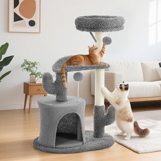 Aidoly 33 Inch Small Cat Tree Tower, Cat Tree with Curved Bed, Cat Tower with Scratching Post and Cozy Condo for Indoor Kittens and Cats, Grey