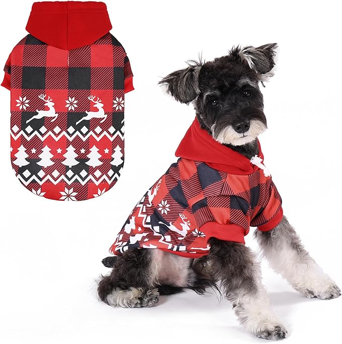KOOLTAIL Christmas Dog Hoodie, Red Plaid Pet Sweater, Hat Hooded Sweatshirt Dog Clothes for Small Medium Large Dogs, Soft Warm Winter Cold Weather Coat with Leash Hole&Pocket, Reindeer Snowflake, M