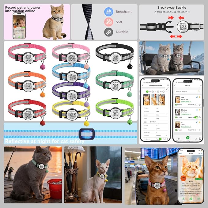 2 Pack Airtag Cat Collar, Breakaway Cat Airtag with Smart ID tag & QR Code Reflective (Pink, Collar Only)