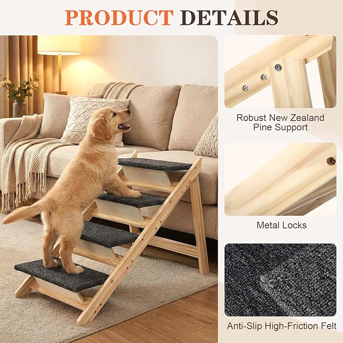 Foldable Dog Stair 2-in-1 with 4 Steps, New Zealand Pine Frame and Non-Slip Carpet Suitable for High Beds, Car,Couch, Durable Wooden Pet Stairs for Small Medium and Large Dogs, No Assembly Required