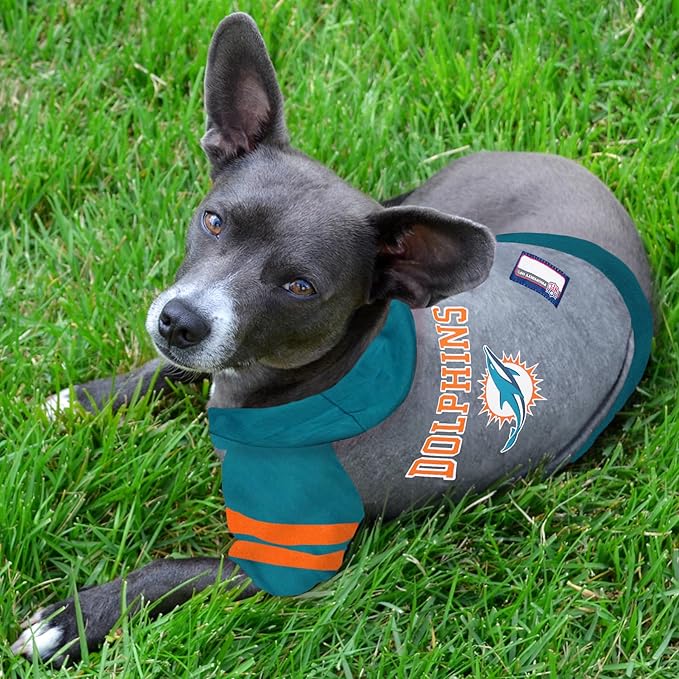 Pets First NFL Miami Dolphins Hoodie for Dogs & Cats. | NFL Football Licensed Dog Hoody Tee Shirt, X-Small| Sports Hoody T-Shirt for Pets | Licensed Sporty Dog Shirt