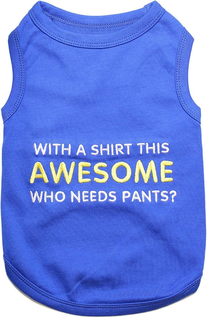 Parisian Pet Dog Tshirt - Embroidered “ Awesome “ Tank Top - Pure Cotton and Lightweight Dog Clothes - Blue Pet Vest - Sleeveless Tee Shirts for Small Dogs Boy