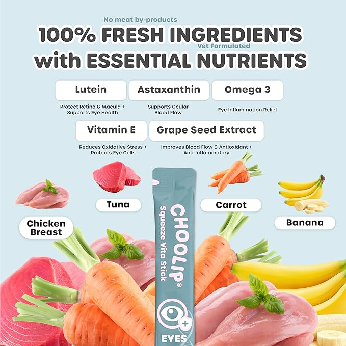 Choolip Squeeze Vita Stick Lickable Cat and Dog Treats, 49-Count Eye Support Variety Pack, Chicken and Tuna with Lutein, Omega-3 and Grapeseed Extract