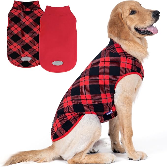 cyeollo 2 Pack Large Dog Sweater, Fleece Vest Pullover Sweatshirt Reflective Lightweight Christmas Pet Clothes for Large Dogs Dog Winter Coat Boy & Girl Pet Apparel, Red & Buffalo Plaid XXXL