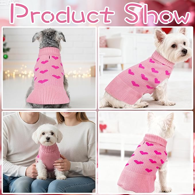 Dog Sweater Dress Heart Pink Turtleneck Knit Dress for Small Dogs 9-15 lbs Valentine Winter Pullover with Leash Hole for Wedding Mothers Day Valentine's Day