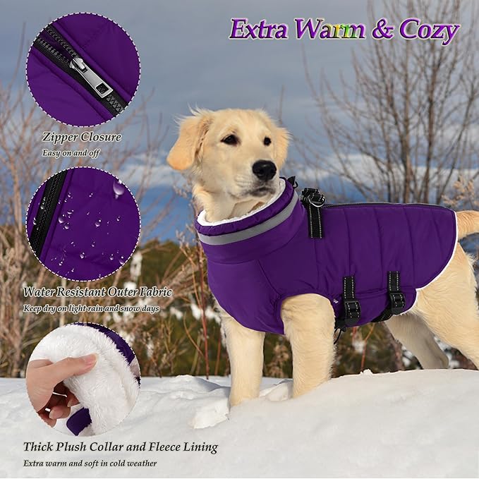 Dogcheer Dog Coat with Harness, Waterproof Dog Jacket Adjustable Pet Winter Coat with Zipper, Christmas Puppy Snow Jacket Fleece Sweater for Small Medium Large Dogs - Purple XS