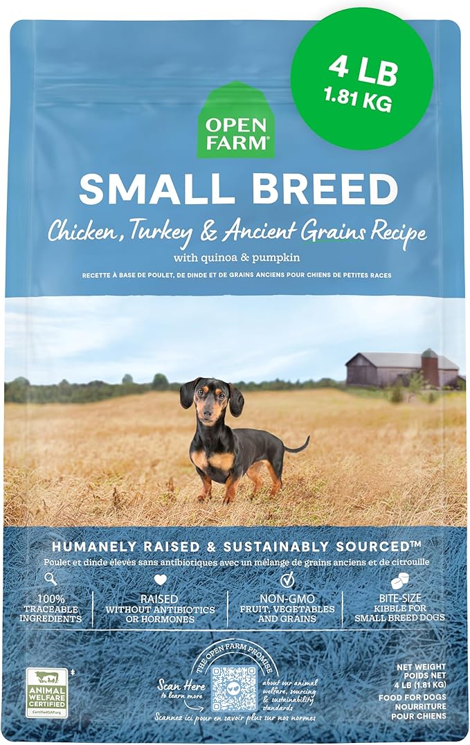 Open Farm, Ancient Grains Dry Dog Food for Small Breeds, Protein-Rich & Nutrient Dense, 90% Animal Protein with Non-GMO Fruits, Veggies and Superfoods, Chicken & Turkey Recipe for Small Dogs, 4lb Bag