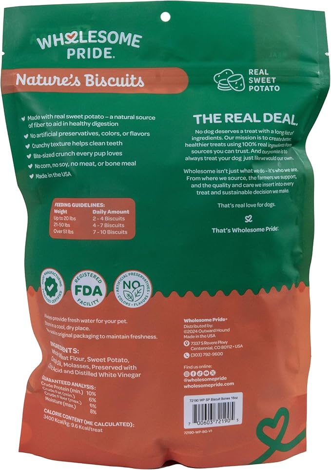 Wholesome Pride Nature’s Biscuits Dog Treats - Crunchy, Natural, Limited Ingredient, Grain-Inclusive Recipe with Fiber‑Rich Sweet Potato - Mini Bone-Shaped Treats for Dogs - 16 oz Bag