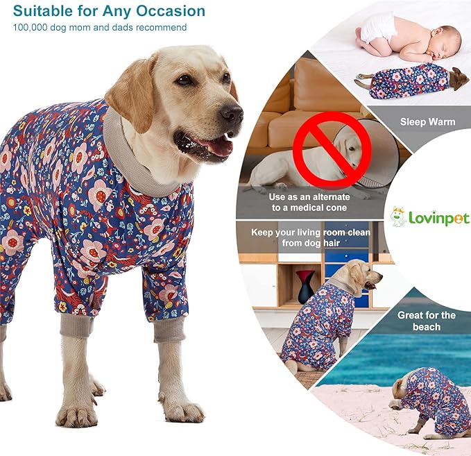 LovinPet Pit Bull Pajamas Large Dogs PJS - Tiger Garden Blue and Pink Print/Lightweight Stretchy Knit Big Dog Pullover Jammies, Large Breed Dog Pajamas, Pet PJ's, L