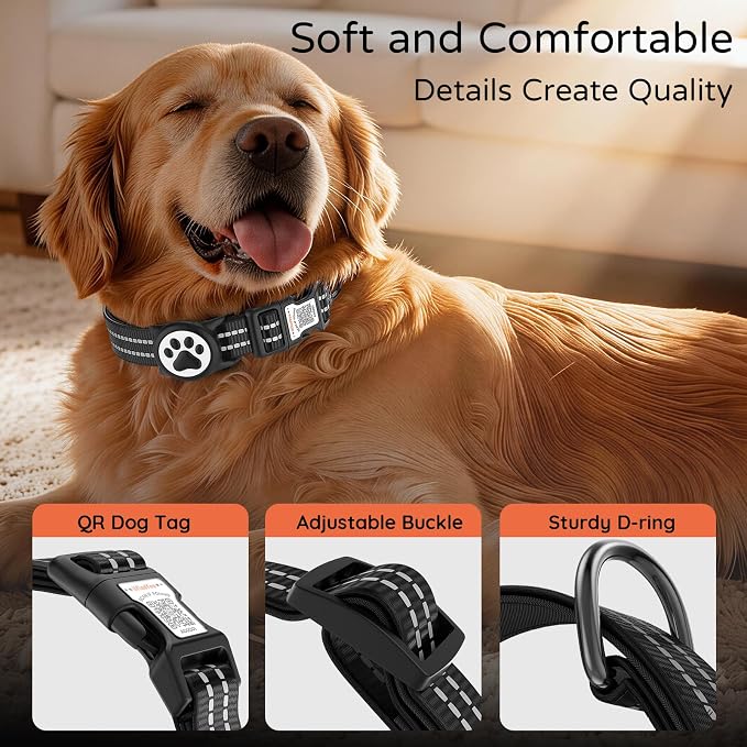 Waterproof AirTag Dog Collar with QR Code Dog Tag, Black02 L | IP68 waterproof, QR code dog tag, Anti-Lost, Online profile, fits XS-L (8"-26"), Padded nylon, Reflective, No App, No Fees