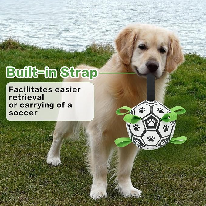 Dog Soccer Ball with Straps, 6 Inch Herding Dog Ball Toys Dog Birthday Toy, Balls for 20-40lbs Dogs, Outdoor Puppy Toys to Keep Them Busy, Interactive Toy for Tug, Pool Water Toy Ball