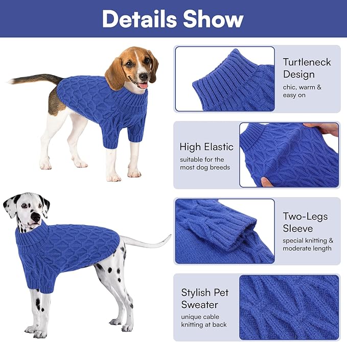 Queenmore Dog Sweaters for Large Dogs Girls Boys,Warm Pullover Extra Large Dog Sweater,Dogs Christmas Sweaters,Classic Turtleneck Thick Clothes for Extra Large Pets, Pitbull, Boxer(Royal Blue,2XL)
