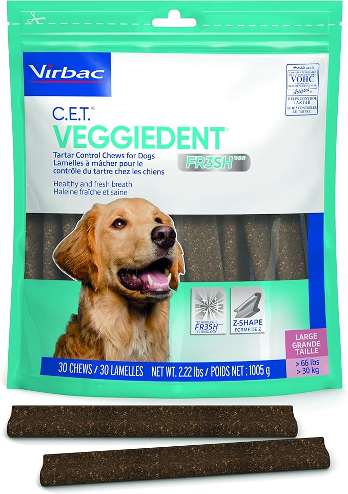 Virbac CET Veggiedent FR3SH Tartar Control Chews for Large Dogs Over 66 Pounds, Plant-Based Formula, 30 Count Bag