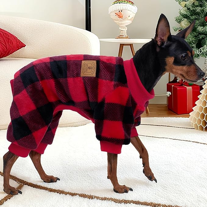 XPUDAC Dog Christmas Sweater Plaid Dog Pajamas for Small Medium Dogs Girl Boy Fleece Puppy Clothes Outfit for Winter, S