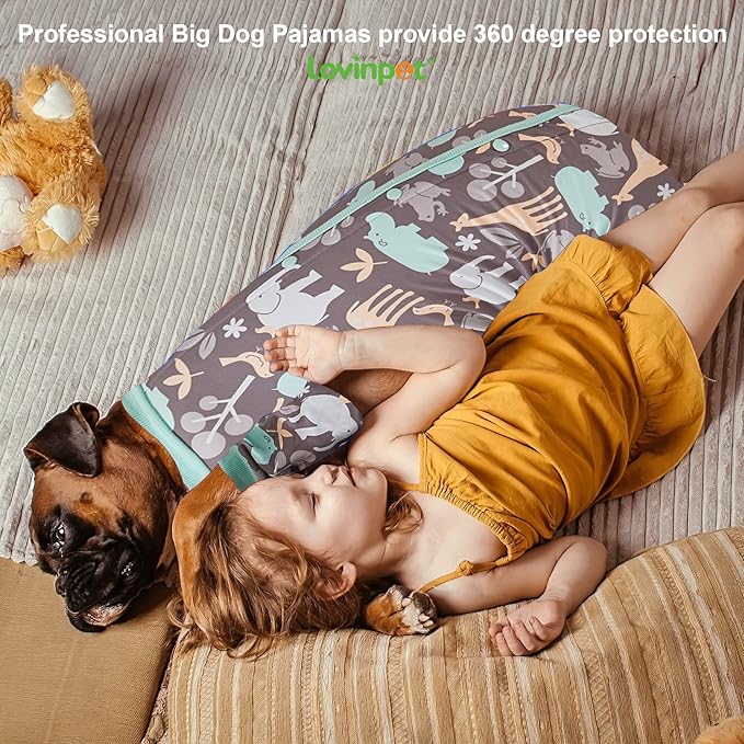 LovinPet Pitbull Pajamas, Hippos Zoo Cozy Dog Pajamas, Slim fit, Lightweight Pullover Clothes/Full Coverage Dog pjs/Back Snap Button is only Decoration/Large