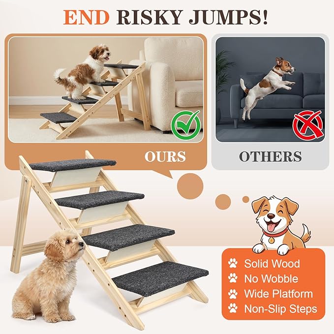 Foldable Dog Stair 2-in-1 with 4 Steps, New Zealand Pine Frame and Non-Slip Carpet Suitable for High Beds, Car,Couch, Durable Wooden Pet Stairs for Small Medium and Large Dogs, No Assembly Required
