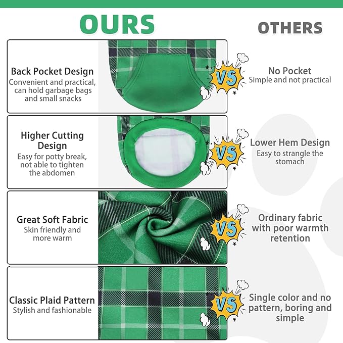 KOOLTAIL Plaid Dog Hoodie for Small Medium Large Dogs - Pet Clothes Sweater with Hat and Pocket for Cold Weather Winter, Warm Soft Dog Hooded Sweatshirt Coat Outfit for Puppy Cats Girls Boys Green XS