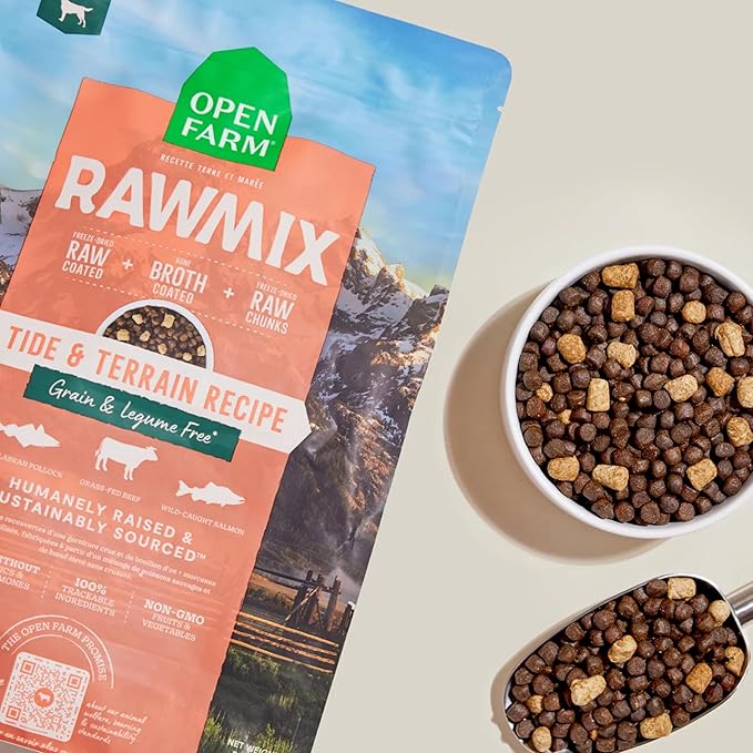 Open Farm, RawMix Grain-Free Dry Dog Food, Protein-Packed Kibble Coated in Bone Broth with Freeze Dried Raw Chunks, Pollock Beef & Salmon, Tide & Terrain Recipe, 20lb Bag