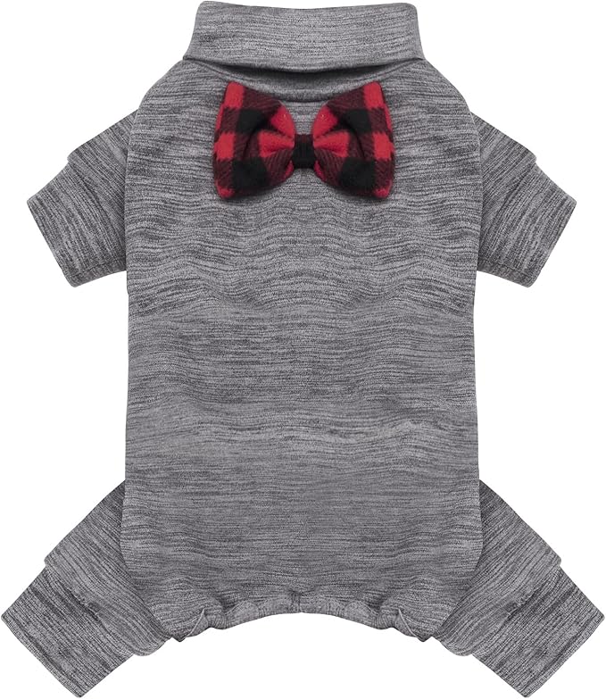KYEESE Dog Coats Turtleneck Stretchy Dog Pajamas Super Soft Warm Material Dogs Sweater with Bowtie Pet Onesie for Small Dogs Cold Weather Coat, Grey,L