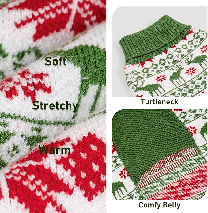 KYEESE Dog Christmas Sweater, Cozy Turtleneck Dog Sweater for Small Dogs Boy Girl with Snowflake & Reindeer Pattern, Soft Knit Winter Outfit with Leash Hole, Warm Pet Clothes, Large