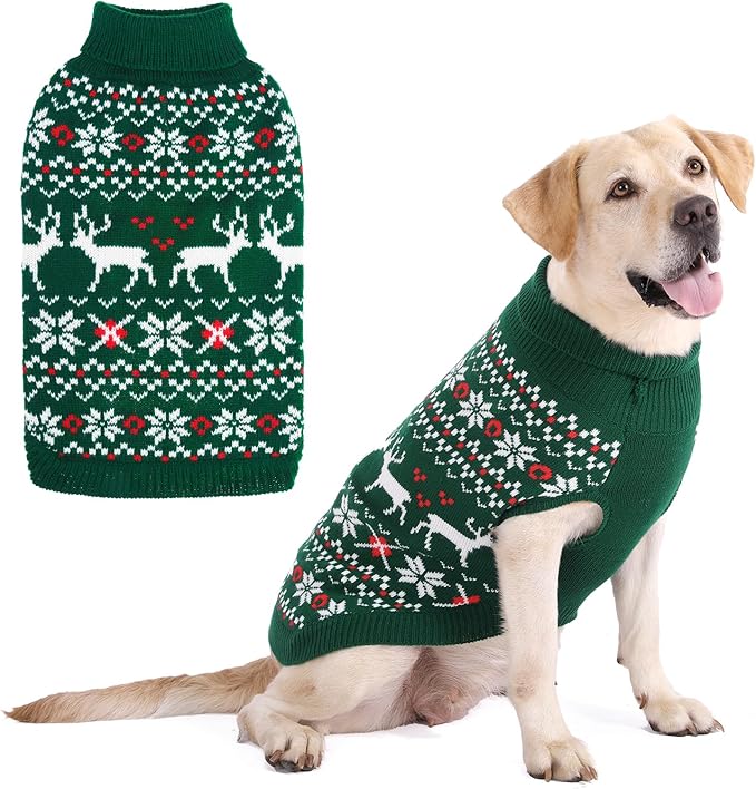KOOLTAIL Christmas Dog Sweater, Cold Weather Pullover Classic Knitwear, Reindeer Snowflake Pattern Thick Warm Winter Pet Clothes, Cable Knit Sweaters for Small Medium Large Dogs Boy Girl, Green S