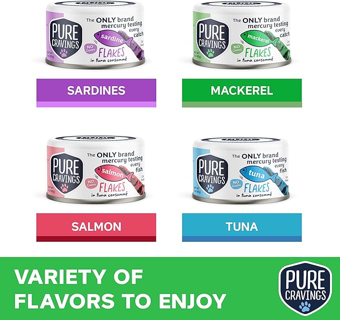 Pure Cravings Flakes in Tuna Consommé, Canned Wet Cat Food Soup, 100% Mercury-Tested, Moist Can Fish, Grain-Free Protein, Non-GMO, 3oz, Variety Pack 3X Tuna, 3X Salmon, 3X Sardine, 3X Mackerel