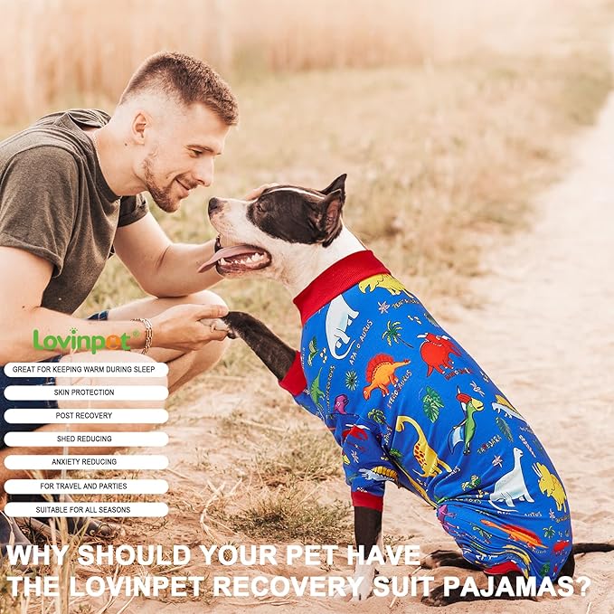 LovinPet Pitbull Large Dog Clothes, Wound Care/Post Surgery Dog Clothes, Lost World Dinosaurs Print, UV Protection, Pet Anxiety Relief, Large Dog Onesies, Pet PJ's /2XL